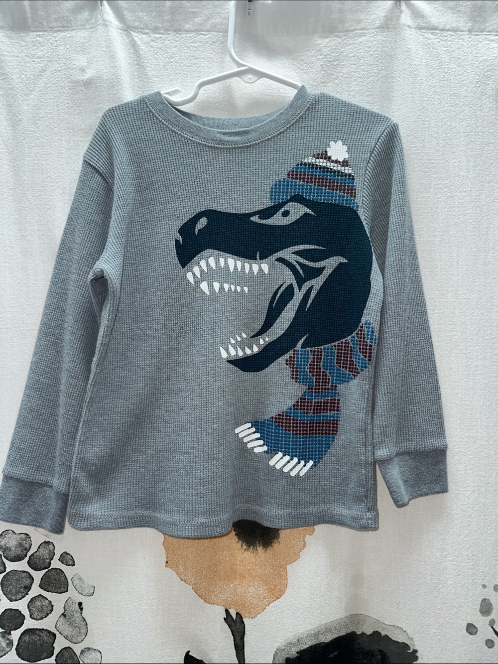 Garanimals Gray Long Sleeve Tee with Navy Dino Wearing Striped Hat & Scarf